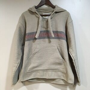 Earth Ragz Baja Mexican Poncho Hoodie Drug Rug Tan Red Stripe Boho Festival Sz M